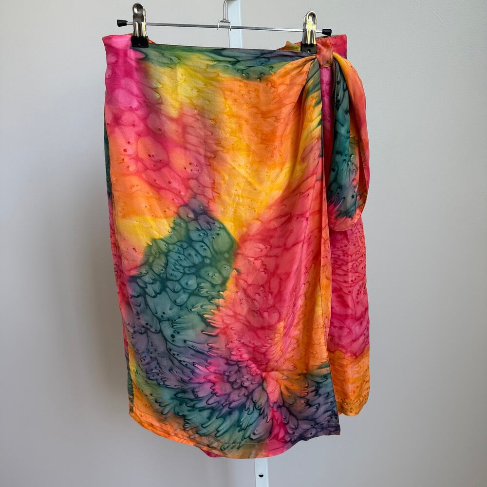 Angela Tong sz‎ 12 yellow multi-color 100% silk Vintage wrap skirt NWT